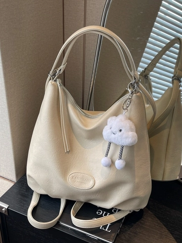 Bolso de Hombro de Piel PU Vintage de Gran Capacidad para Mujer Bolso Tote Hobo de Moda Coreana Con Colgante de Nube de Peluche