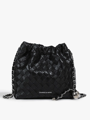 Damen Gewebte PU Leder Umhängetasche Mode Kette Schulter Eimertasche Mit Silberner Kugel Kordelzug Nische Einfach