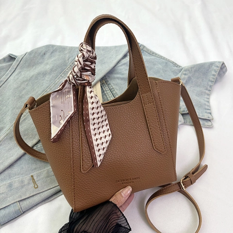 Damen Tasche Mit Großer Kapazität Eimer PU Leder Lychee Muster Umhängetasche Tragetasche Mit Dekorativem Schal