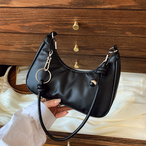 Minimalist Black Hobo Bag PU Leather Crescent Shape Knotted Strap Silver Metal Ring Underarm Shoulder Bag For Women