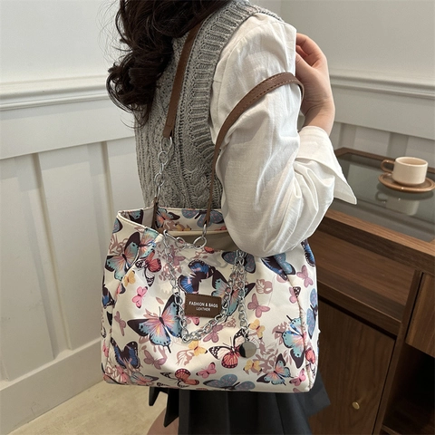 Borsa Tote in Tela a Grande Capacità Con Stampa Animale Farfalla Elegante Borsa a Spalla Con Tracolla a Catena Donna