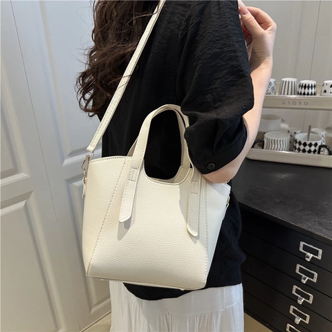 Bolso Tipo Cubo de Cuero PU para Mujer Gran Capacidad Color Sólido Costuras Bolso de Hombro Cruzado Moda Casual de Mano para Mujer