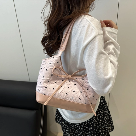 Borsa A Spalla Trapuntata Da Donna Texture A Bolle Grande Borsa Tote Con Fiocco Decorativo Borsa Per La Spesa Casual