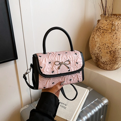 Pink Mini Crossbody Bag For Women Ruffled PU Leather Sweet Bowknot Heart Print Handheld Shoulder Bag Versatile Square Bag