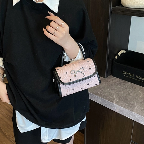 Pink Mini Crossbody Bag For Women Ruffled PU Leather Sweet Bowknot Heart Print Handheld Shoulder Bag Versatile Square Bag