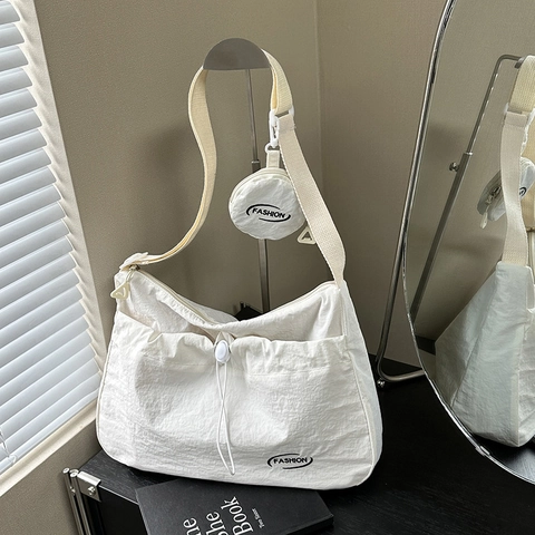 Women Nylon Pleated Shoulder Crossbody Bag Large Capacity Drawstring Tote With Round Mini Pouch Casual Fashion School Bag