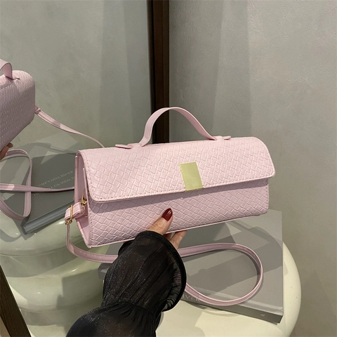 Damen Gewebte PU Leder Umhängetasche Modische Rechteckige Schulterhandtasche Mit Goldener Schnalle Elegantes Accessoire