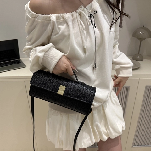 Damen Gewebte PU Leder Umhängetasche Modische Rechteckige Schulterhandtasche Mit Goldener Schnalle Elegantes Accessoire