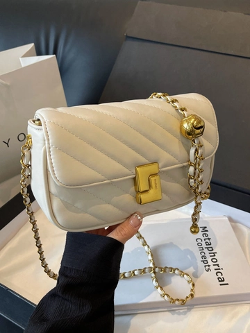 Bolso de Hombro Acolchado de Moda Cadena Cuero PU Patrón Chevron Bola de Oro Ajustable Bandolera Diseño de Nicho Bolso Cuadrado