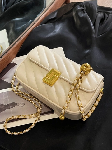 Bolso de Hombro Acolchado de Moda Cadena Cuero PU Patrón Chevron Bola de Oro Ajustable Bandolera Diseño de Nicho Bolso Cuadrado