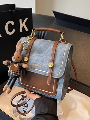 Vintage Women Fashion Mini Backpack PU Leather Contrast Color Handbag Versatile Shoulder Bag With Rabbit Plush Pendant