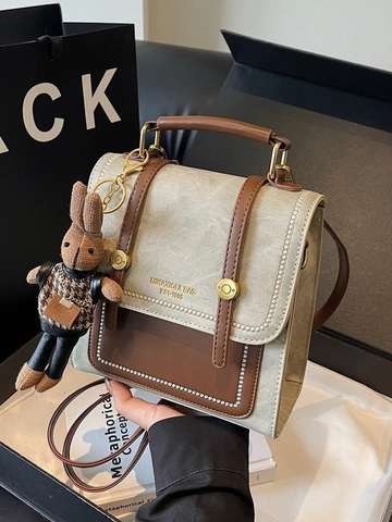 Vintage Women Fashion Mini Backpack PU Leather Contrast Color Handbag Versatile Shoulder Bag With Rabbit Plush Pendant