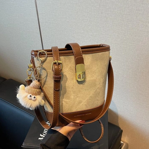 Sac Seau Rétro Femmes Similicuir Toile Patchwork Sac À Épaule Bandoulière Serrure En Métal Doré Chic Élégant Polyvalent