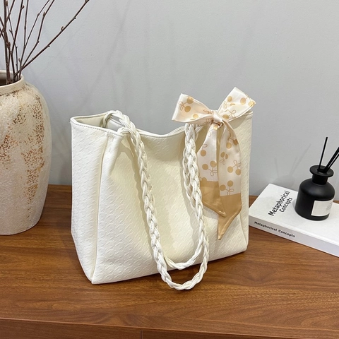 Mode Damen Tragetasche Mit Großer Kapazität PU Leder Hahnentrittmuster Schultertasche Mit Dekorativem Satin Schal Alltag