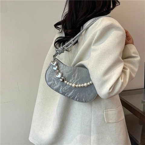 Women Underarm Shoulder Bag Faux Suede Pleated Crescent Hobo Artificial Pearl Silver Heart Chain Minimalist Korean Style Fashion