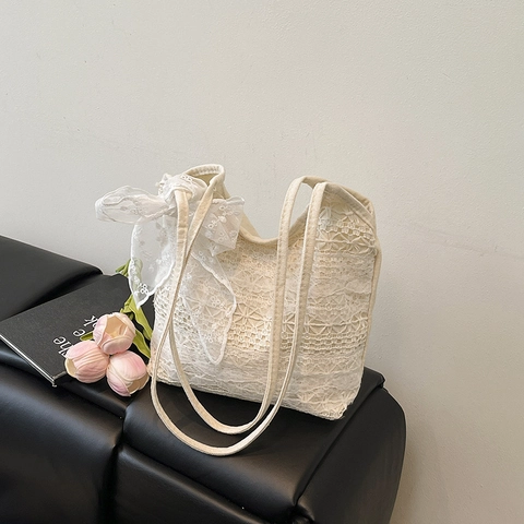 Women Summer Lace Crochet Tote Bag Large Capacity Hollow Canvas Shoulder Bag With Ribbon Bow Elegant Beach Vacation Handbag