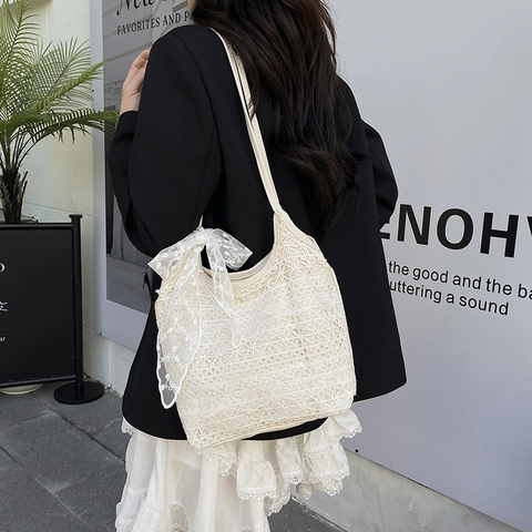 Women Summer Lace Crochet Tote Bag Large Capacity Hollow Canvas Shoulder Bag With Ribbon Bow Elegant Beach Vacation Handbag