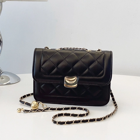 Women Quilted Rhombus PU Leather Crossbody Bag With Gold Chain Strap And Metal Ball Decor Mini Square Flap Shoulder Bag