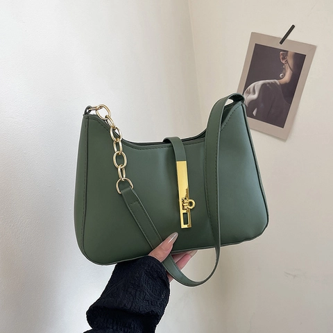 Women Underarm Shoulder Bag PU Leather Small Square Minimalist Solid Color With Gold Metal Chain Lock Daily Casual Hobo Purse