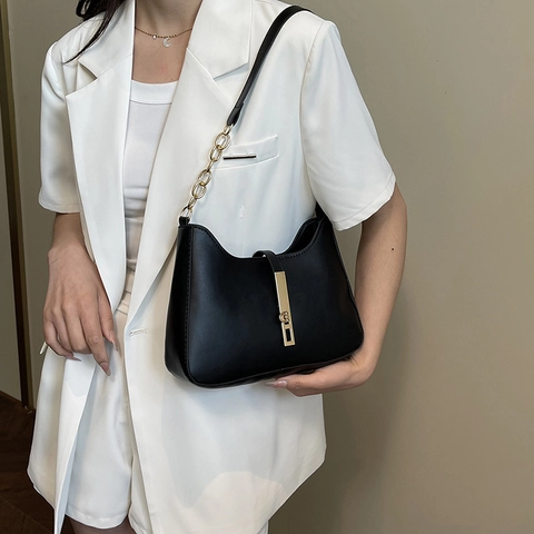 Women Underarm Shoulder Bag PU Leather Small Square Minimalist Solid Color With Gold Metal Chain Lock Daily Casual Hobo Purse