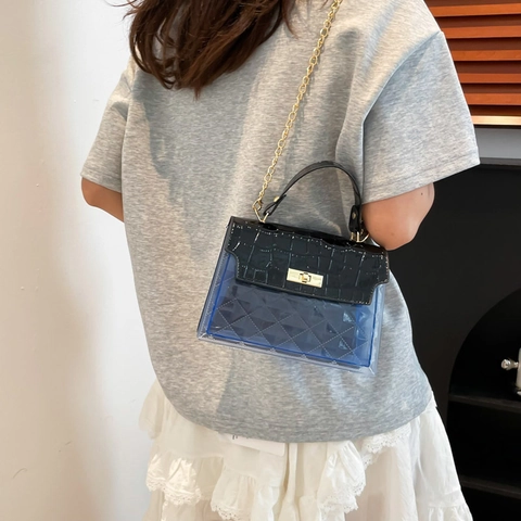 Women Transparent PVC Crocodile Pattern PU Leather Handbag Gold Chain Crossbody Shoulder Bag Diamond Quilted Small Square Bag