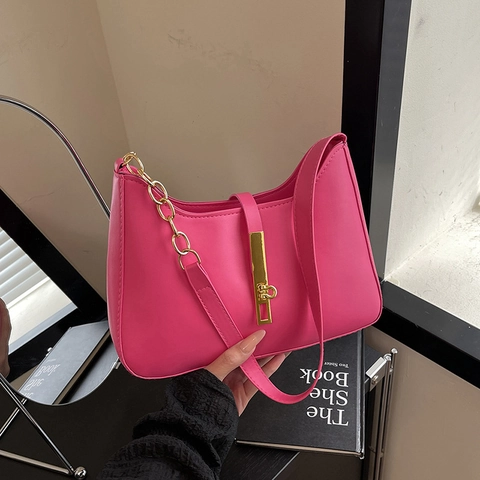 Modische Damen PU Leder Achseltasche Strukturierte Goldene Metallschnalle Kettengurt Große Kapazität Umhängetasche Urbane Einfachheit Handtasche