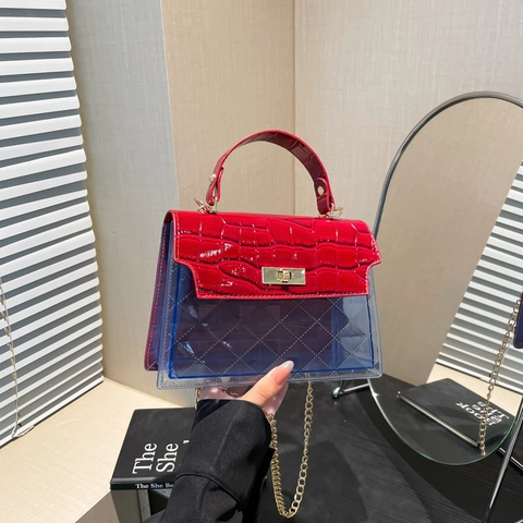 Women Transparent PVC Crocodile Pattern PU Leather Handbag Gold Chain Crossbody Shoulder Bag Diamond Quilted Small Square Bag