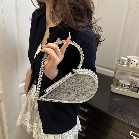 Borsa da Sera a Forma di Cuore da Donna Strass Metallico Pelle Sintetica Pochette per Banchetto Matrimonio Festa Borsa alla Moda