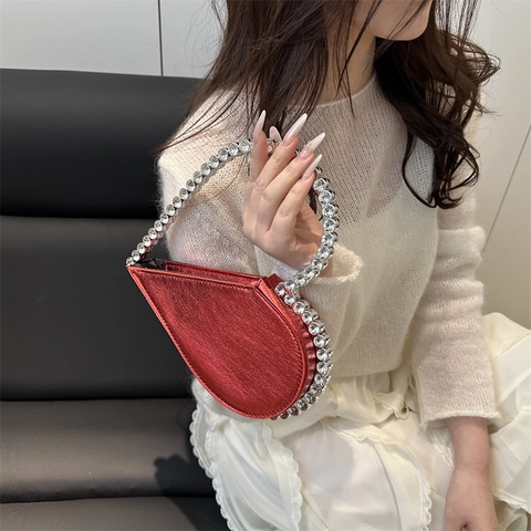 Borsa Metallica A Forma Di Cuore Con Manico In Strass Pochette Da Sera Per Donna Moda Chic