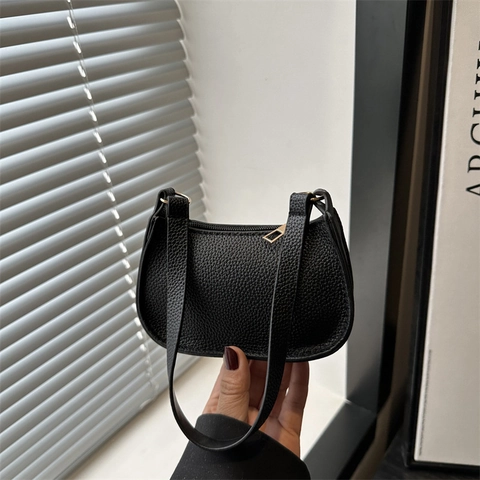Mini Baguette Underarm Bag Women PU Lychee Pattern Leather Retro Small Shoulder Handbag Solid Color