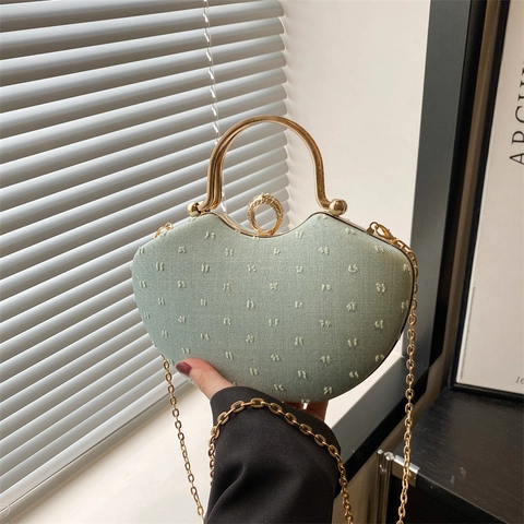 Heart Shaped Evening Bag Textured Fabric Gold Metal Handle Rhinestone Ring Lock Crossbody Elegant Women