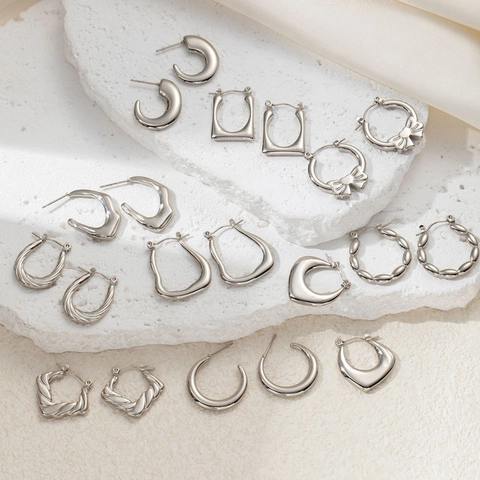 Minimalist Stainless Steel Hoop Stud Earrings For Women Irregular Geometric Silver High Polished Fashion Jewelry Earrings