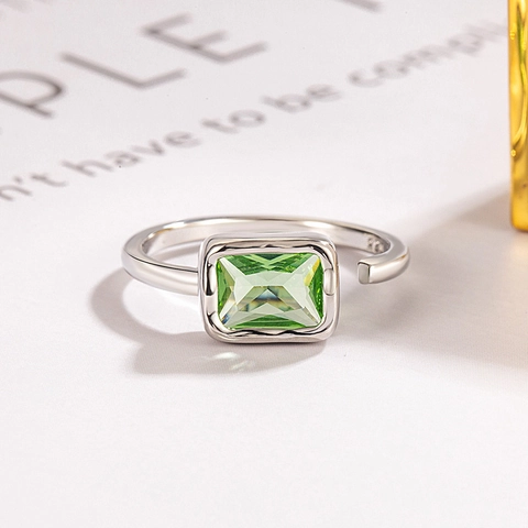 Verstelbare Open Ring Dames Rechthoekige Groene Zirkoon Koper Geometrisch Minimalistisch Mode Veelzijdige Sieraden