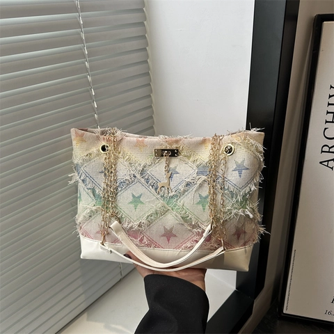 Borsa Tote in Denim Donna Bordo Sfilacciato Scacchiera Stella Tracolla Catena Oro Ciondolo Cervo Casual Pendolare