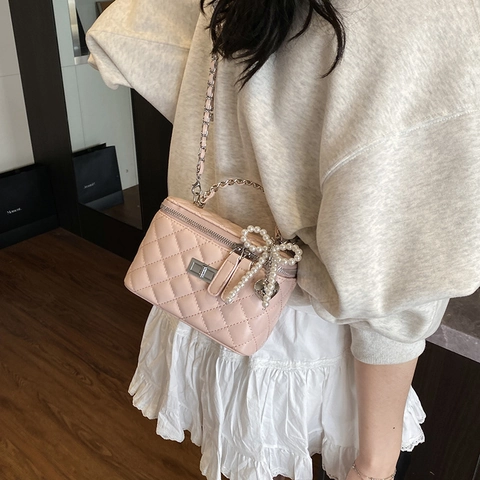 Bolso de Hombro para Mujer Acolchado con Cadena Moda Simple Cuero PU Bolso Vanity Bandouliera con Colgante de Lazo