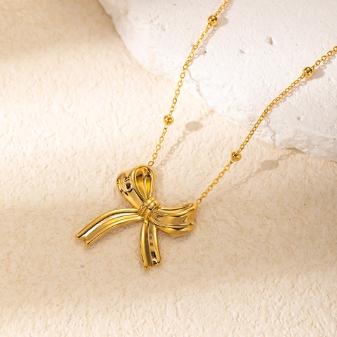 Collana Con Pendente A Fiocco In Acciaio Al Titanio Placcato Oro Catena Con Perline Gioielli Da Donna