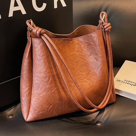 Damen Retro Schultertasche Große Kapazität Texturiertes PU Leder Tote Mit Knoten Detail Minimalistisch Arbeit Mode