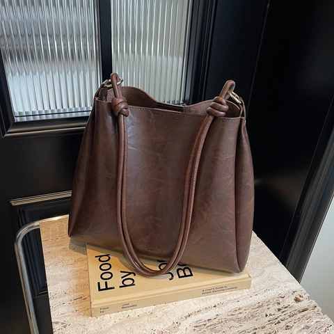 Damen Retro Schultertasche Große Kapazität Texturiertes PU Leder Tote Mit Knoten Detail Minimalistisch Arbeit Mode