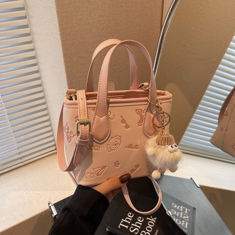Cute Cartoon Embossed PU Leather Handbag Mini Bucket Tote Bag Contrasting Colors Crossbody Shoulder Bag With Plush Pendant