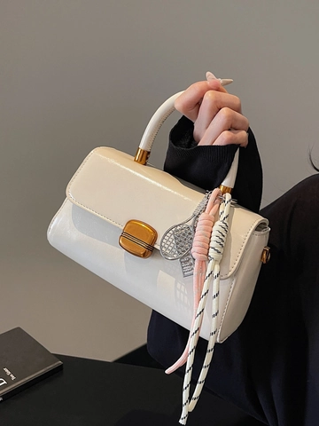 Women PU Leather Small Square Bag Retro Shoulder Crossbody Handbag With Metal Lock Tennis Racket Pendant Top Handle