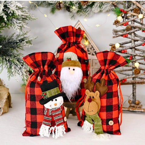 Christmas Red And Black Plaid Gift Bags Buffalo Check Drawstring Candy Bag With 3D Santa Snowman Reindeer For Xmas Party Decor