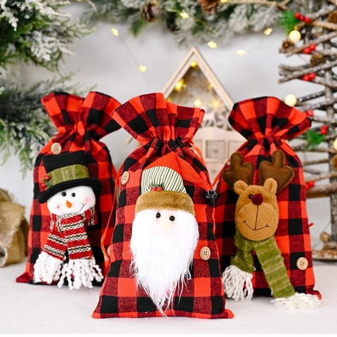 Christmas Red And Black Plaid Gift Bags Buffalo Check Drawstring Candy Bag With 3D Santa Snowman Reindeer For Xmas Party Decor
