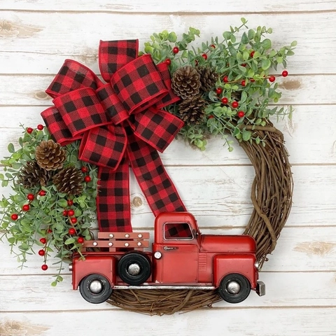Christmas Farmhouse Wreath Eucalyptus Red Berries Pinecones Buffalo Plaid Bow Retro Metal Truck Rustic Door Hanging Decor