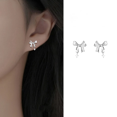 Pendientes De Botón Con Lazo Y Estrella De Cobre Color Plata Joyería Elegante Y Moderna Para Mujer