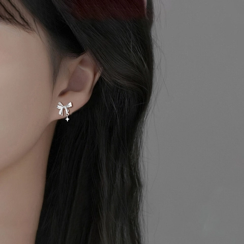 Pendientes De Botón Con Lazo Y Estrella De Cobre Color Plata Joyería Elegante Y Moderna Para Mujer