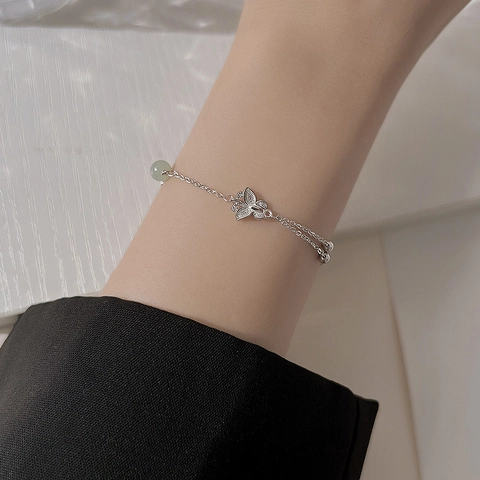 Bracciale Con Ciondolo A Farfalla In Perla Verde Stile Giada Hetian Catena Sottile Regolabile Per Donna