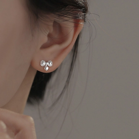 Bowknot Herz Anhänger Ohrstecker Kupfer Mit 925 Sterling Silber Ohrringpfosten Elegant Süß Hohl Spitze Design Für Frauen