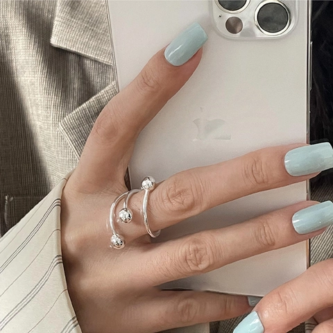Minimalist Copper Spiral Open Ring For Women Silver Plated Adjustable Beads Finger Jewelry Multi Layer Design Versatile