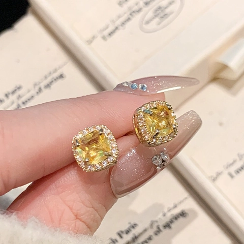 Square Zircon Stud Earrings Copper Halo Design Elegant French Style Shiny Jewelry For Women Daily Commute Accessory