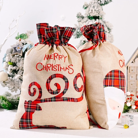 Christmas Gift Bag Faux Burlap Drawstring Sack Santa Reindeer Applique Plaid Festive Holiday Party Large Candy Holder